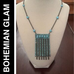 Boho Glam Turquoise Crystal Fringe 15” Statement Necklace – Gunmetal Finish